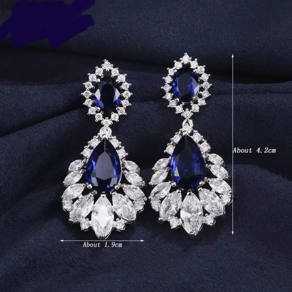 Blue Tear Drop Sapphire Crystal Silver Earrings - Picture 7 of 16